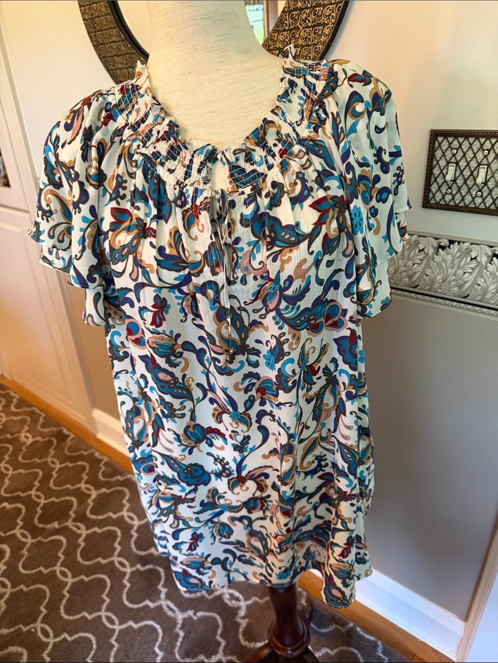 Rose & Olive White Paisley Smocked Neck Tunic with Blue Accents